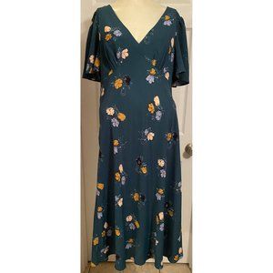 Modcloth Green Floral Flutter Sleeve Midi Dress Sz L Retro